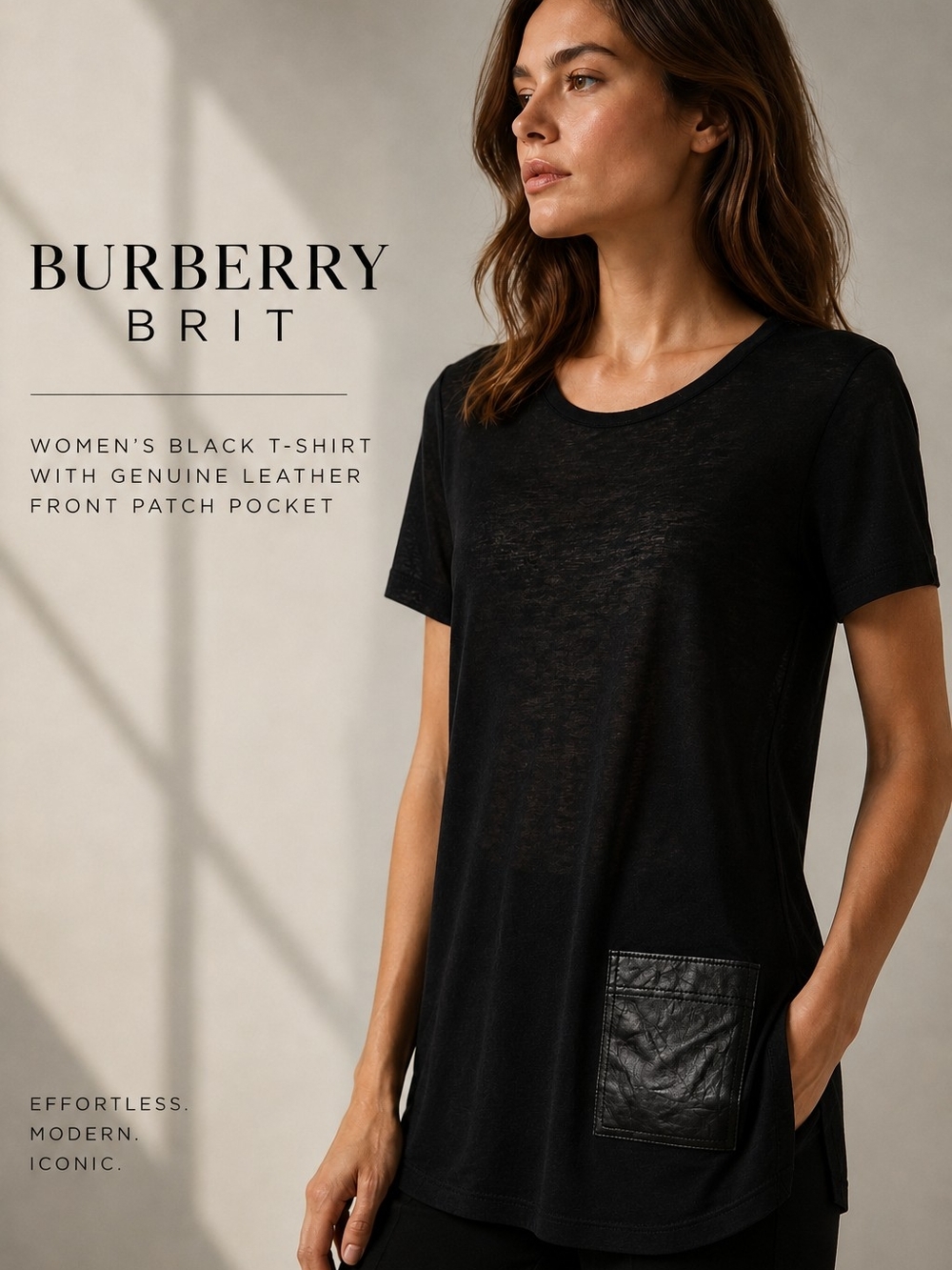 New Burberry Black Top with Genuine Leather Patch Pocket